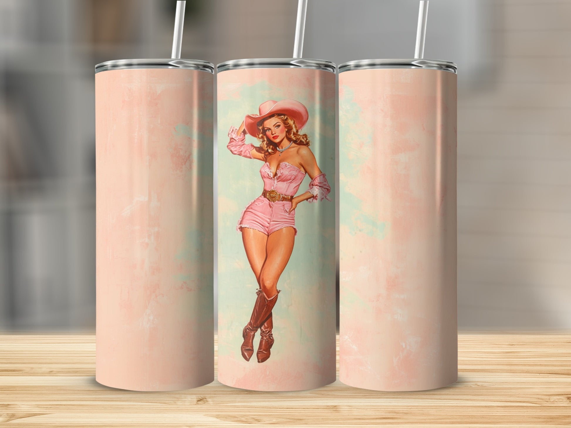 Pink tumbler with a pin-up cowgirl graphic on a textured background.