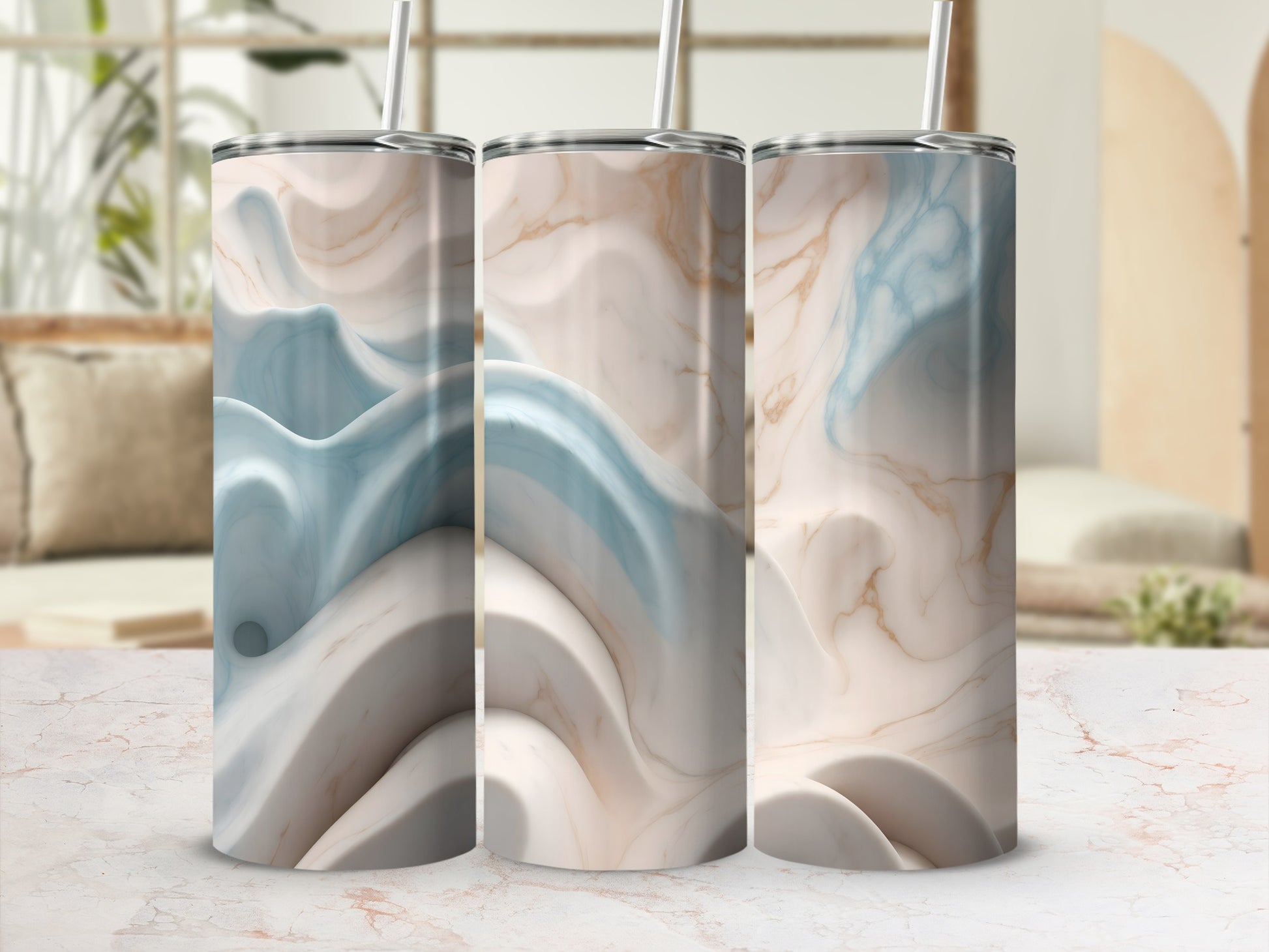 Blue Beige Gold Abstract Wavy Marbled Design Tumbler