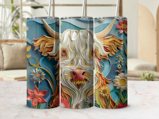 Three tumblers featuring a stylized Highland cow with floral accents.
