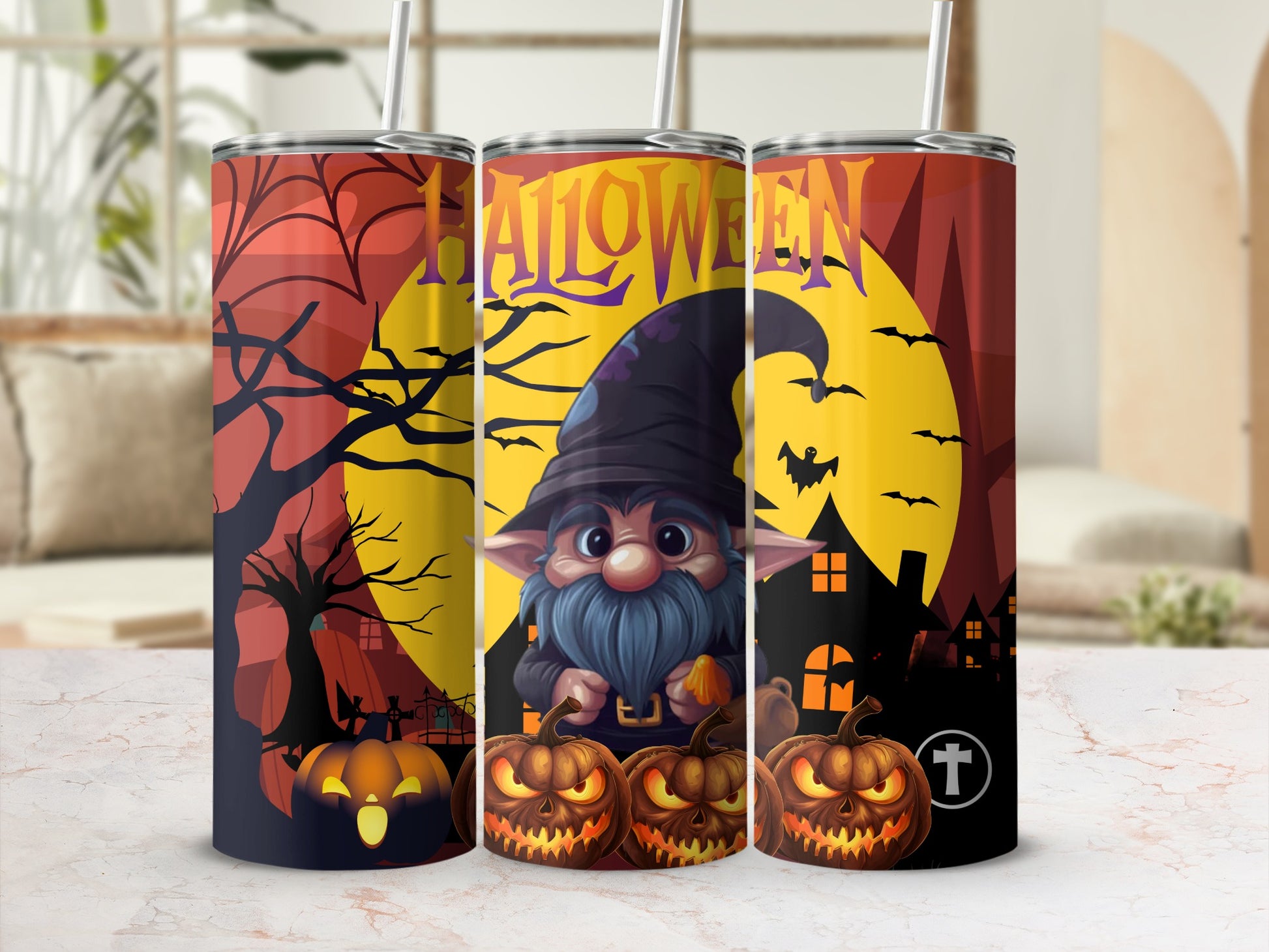 Halloween Gnome Tumbler with Pumpkins and Spooky Trees