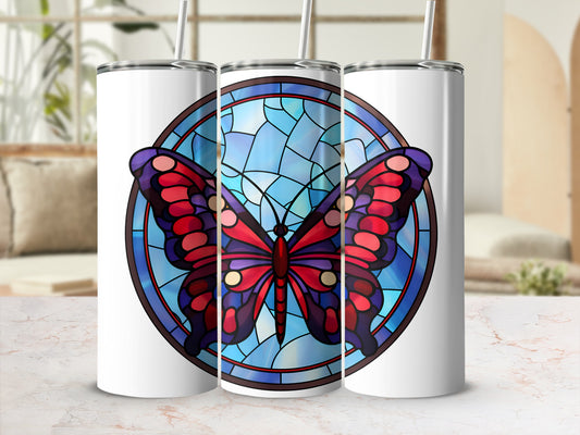 Three white tumblers with stained glass butterfly design.