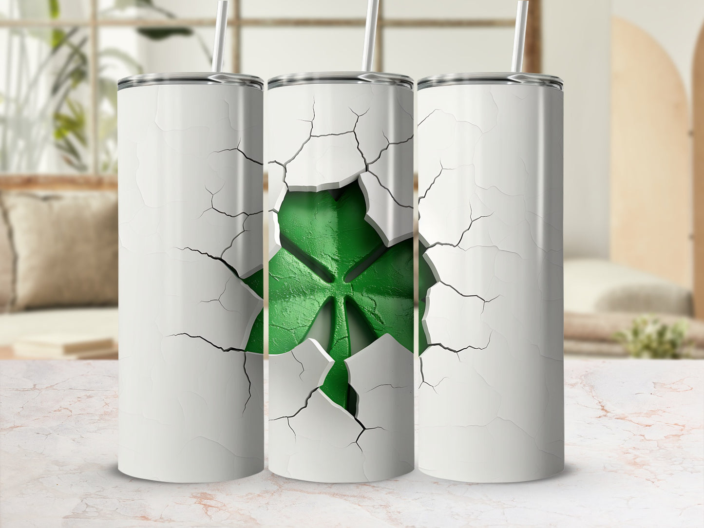 White tumbler with cracked design revealing a green shamrock.