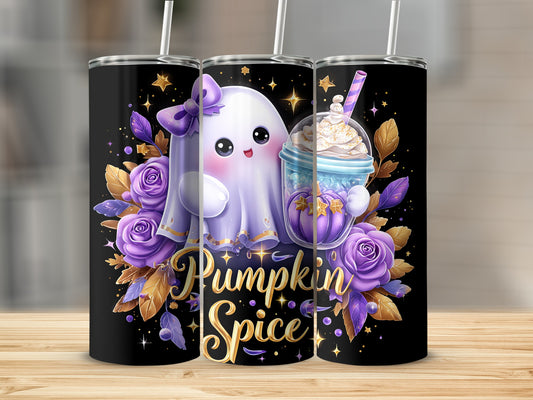 Pumpkin Spice Ghost and Flowers Halloween Tumbler
