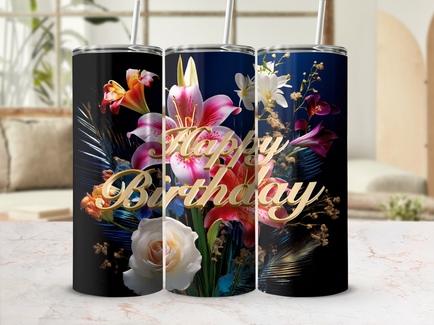 Three tall tumblers with floral designs and "Happy Birthday" text.