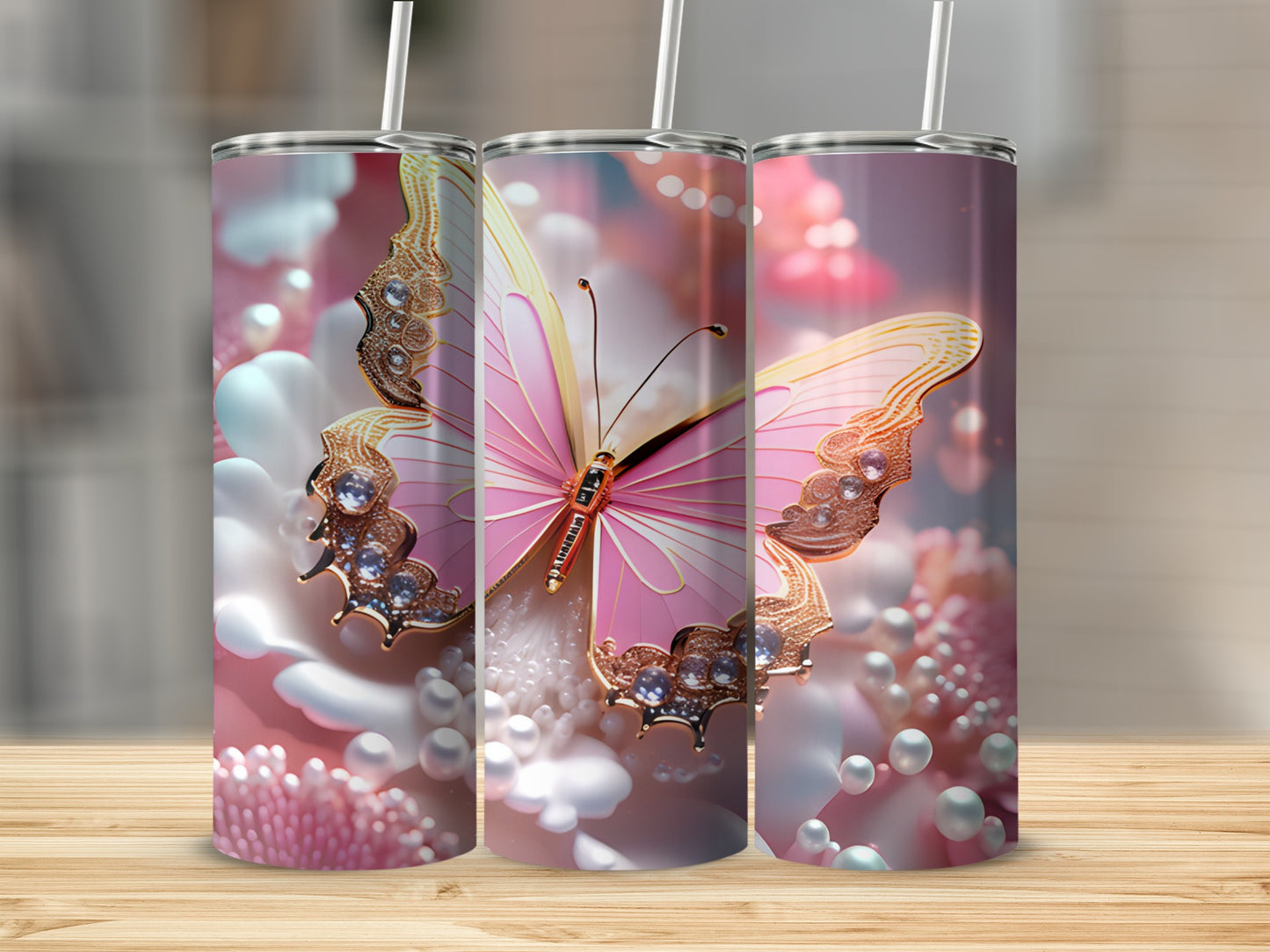 Pink butterfly tumbler with pearls and ornate gold accents.