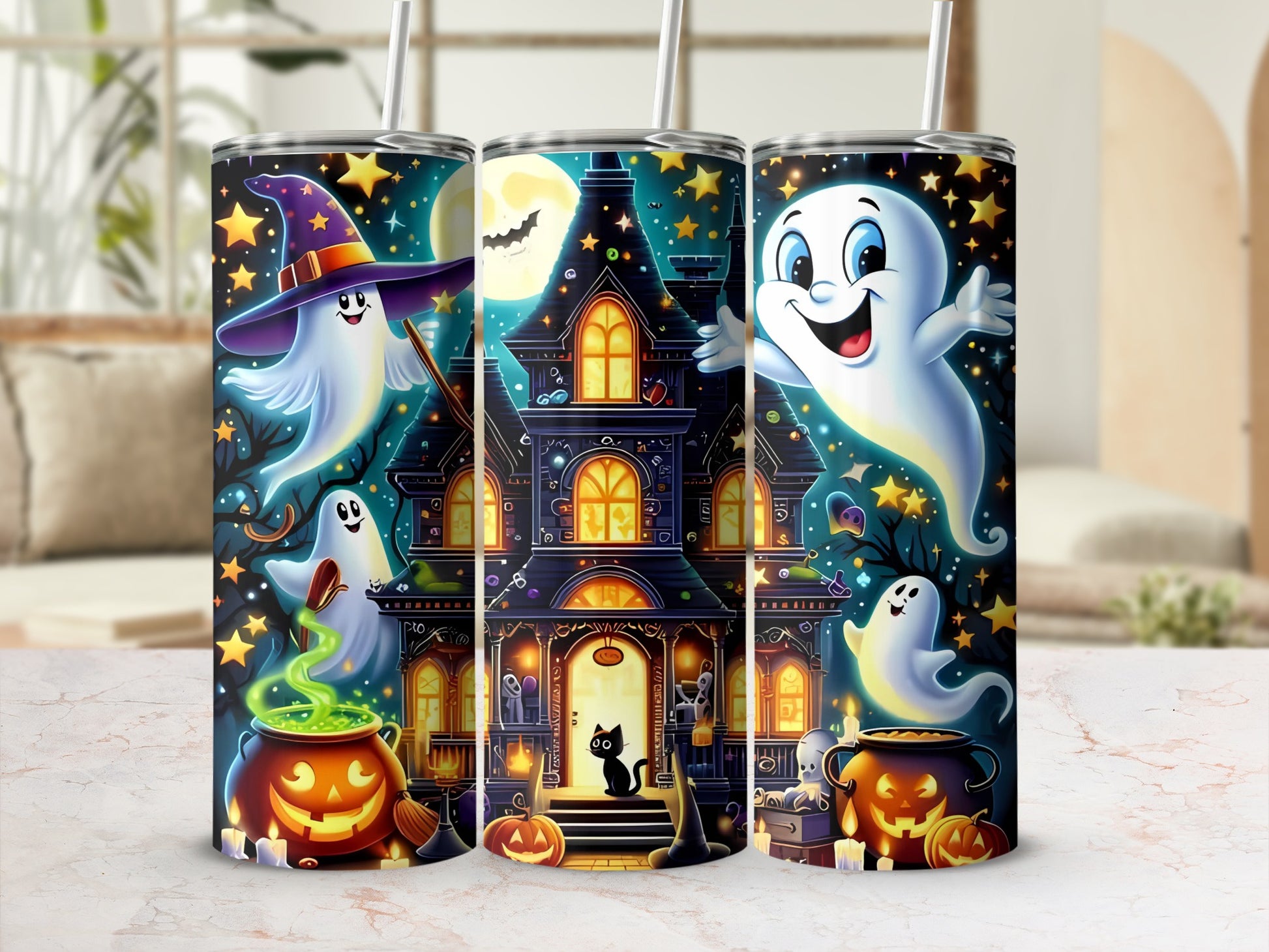 Three tumblers with Halloween theme: haunted house, ghosts, pumpkins, and cauldrons.