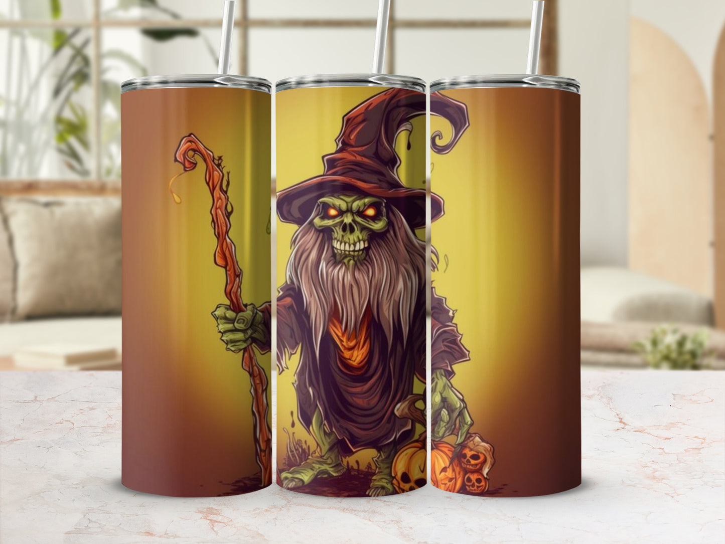 Halloween tumbler featuring a green witch character with a staff and pumpkins.