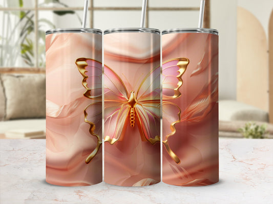 Three tumblers with a shimmering pink butterfly design and textured background.