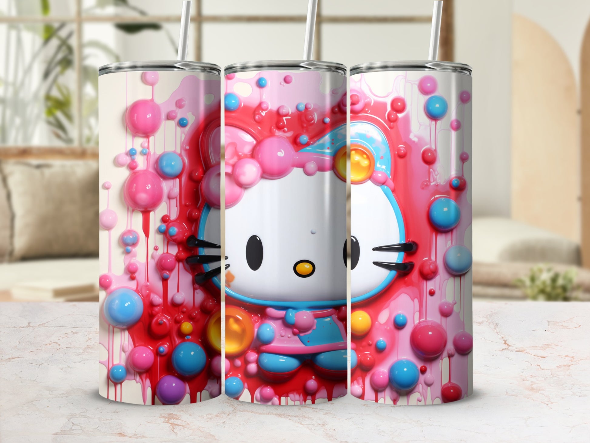 Vibrant Hello Kitty Themed Tumbler with Colorful Bubbles
