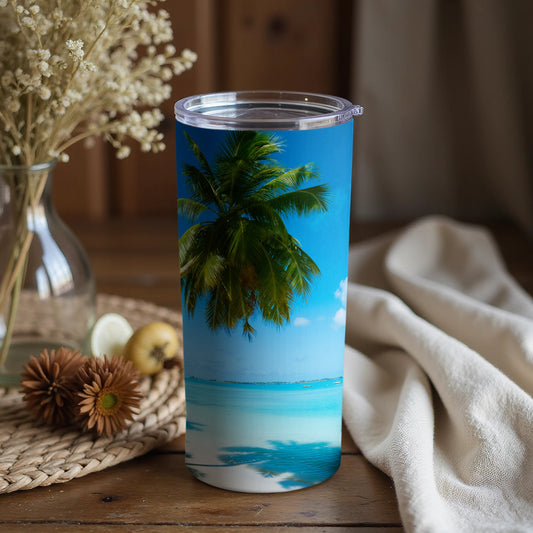 Tropical Beach Scene with Palm Trees Tumbler