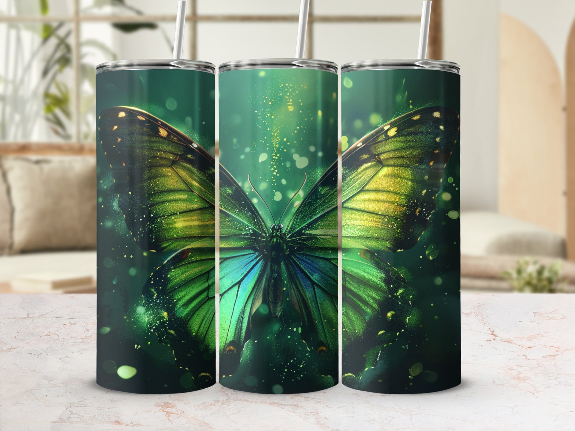 Three tumblers with a vibrant green butterfly design.