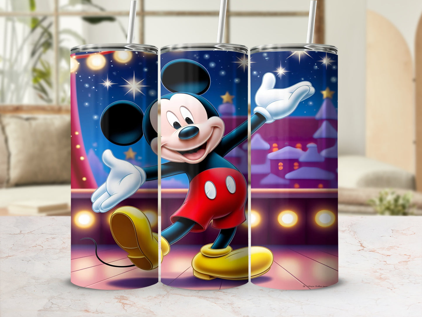 Mickey Mouse on stage, smiling and waving, with stage lights and buildings in the background.