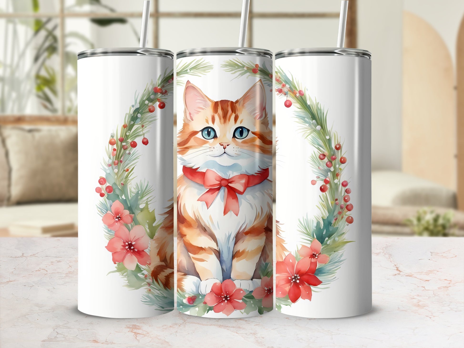 Orange tabby cat wearing a red bow sits inside a floral wreath.