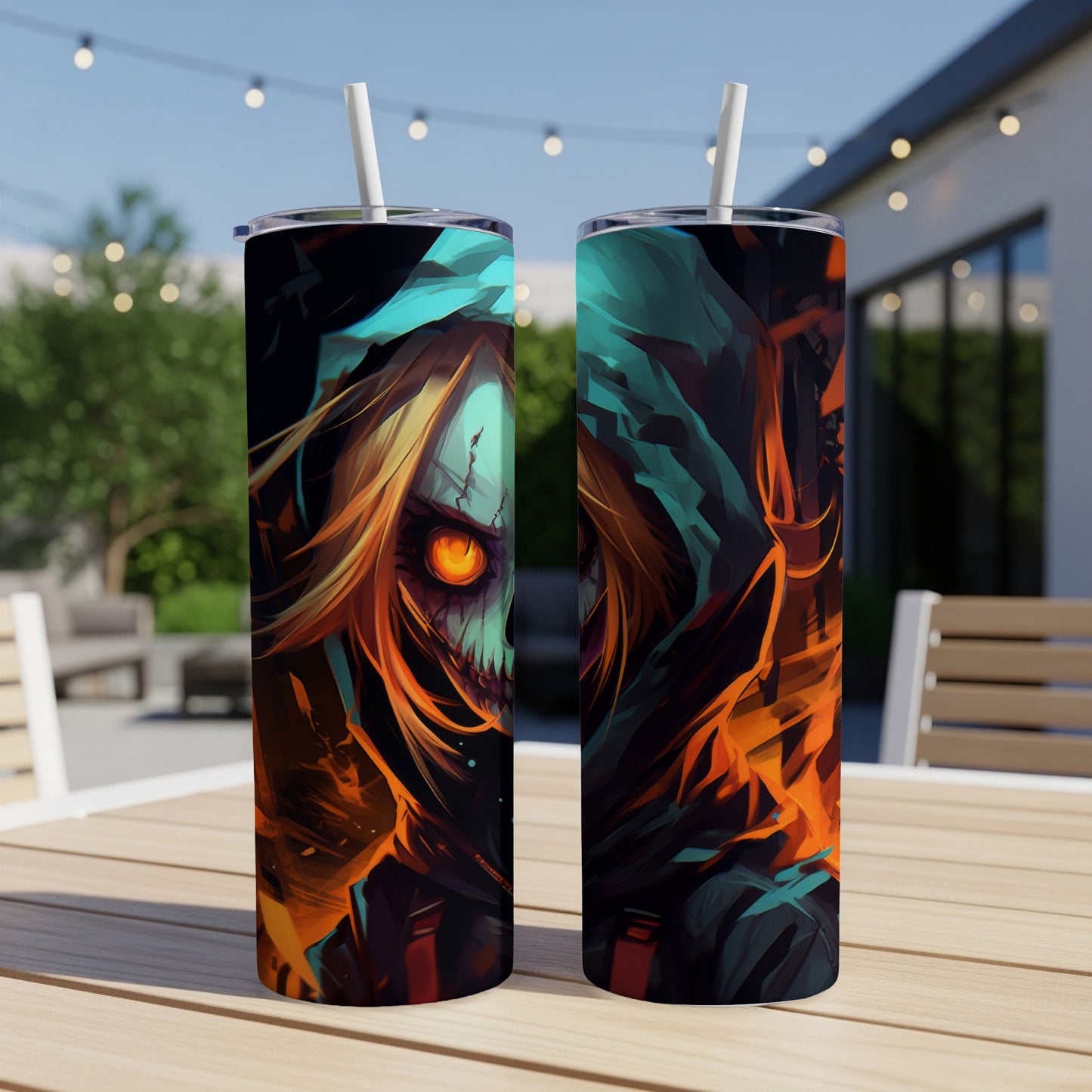 Two tumblers with a dark, fantasy-inspired skull and fire design.