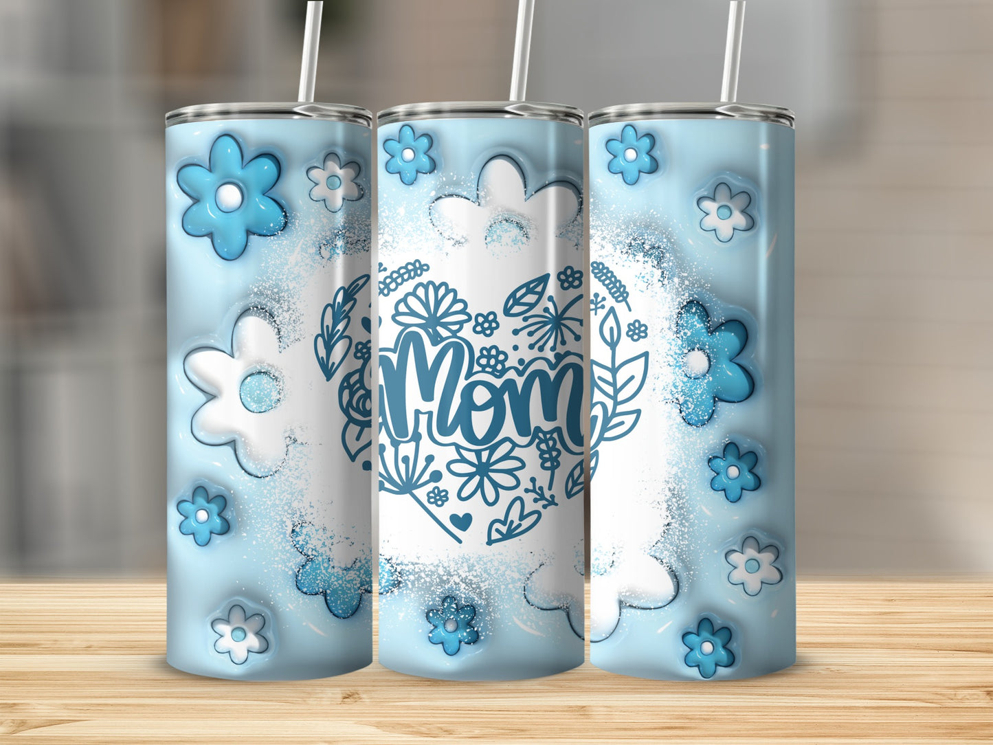 Blue Floral Mom Design Stainless Steel Tumbler Cup