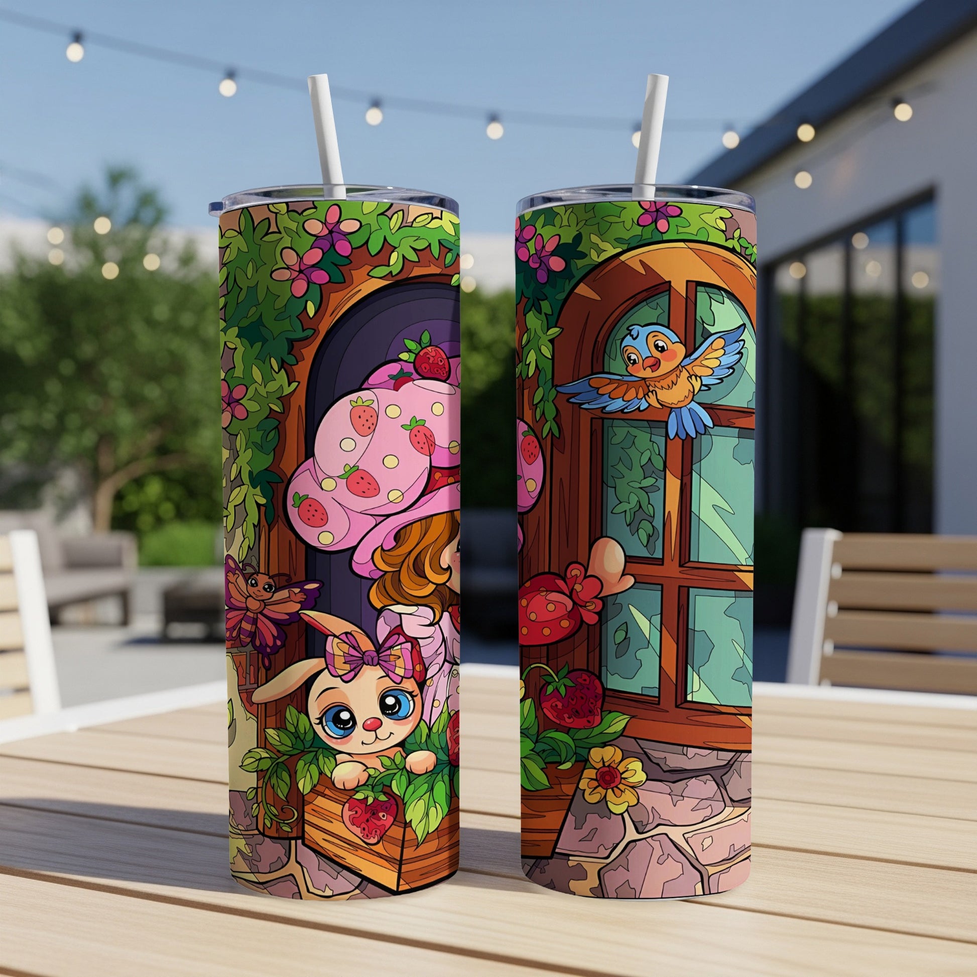 Cute bunny and bird illustration on a double-walled tumbler with straw.