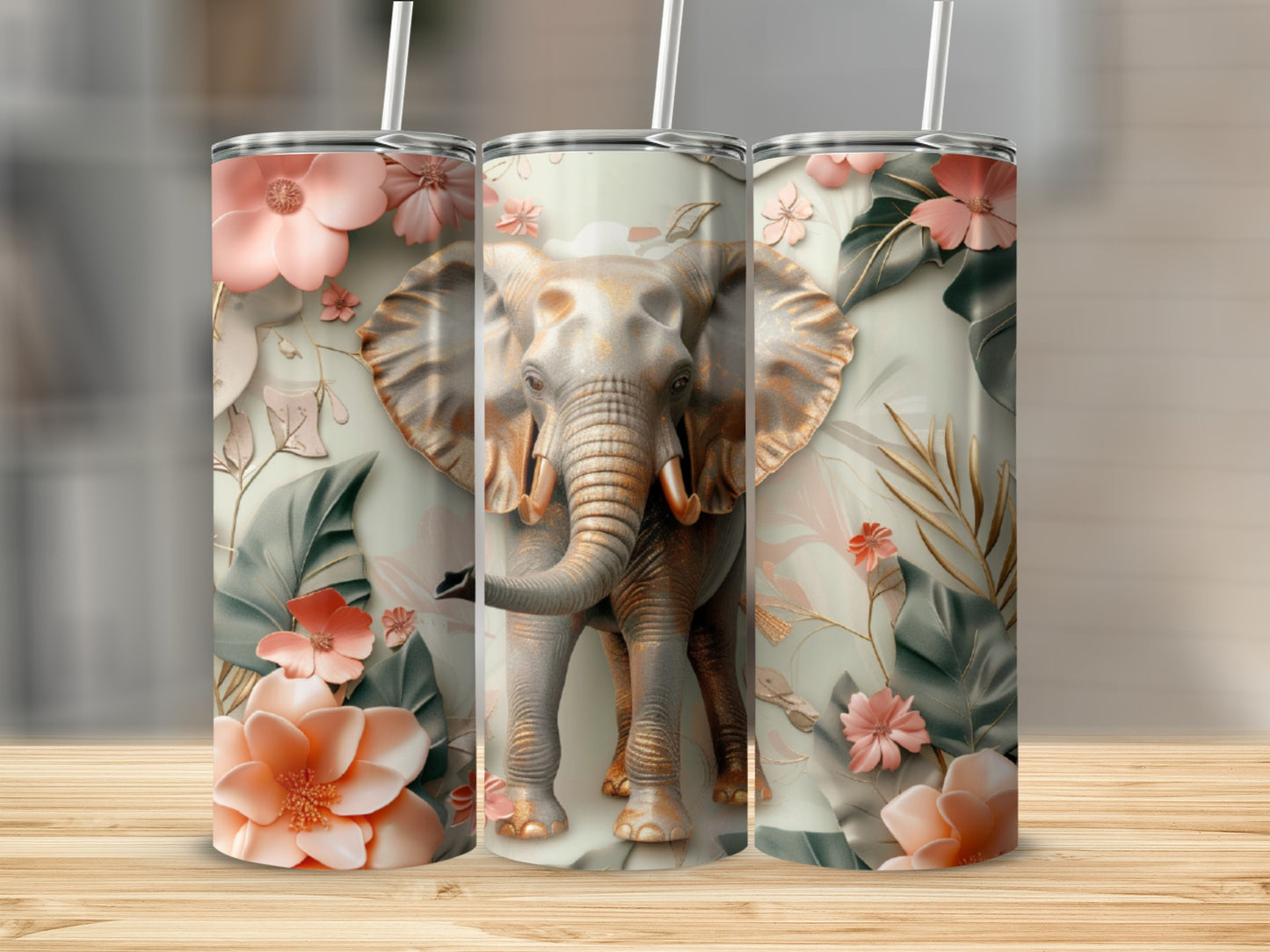 Floral elephant tumbler with pastel pink and green details.