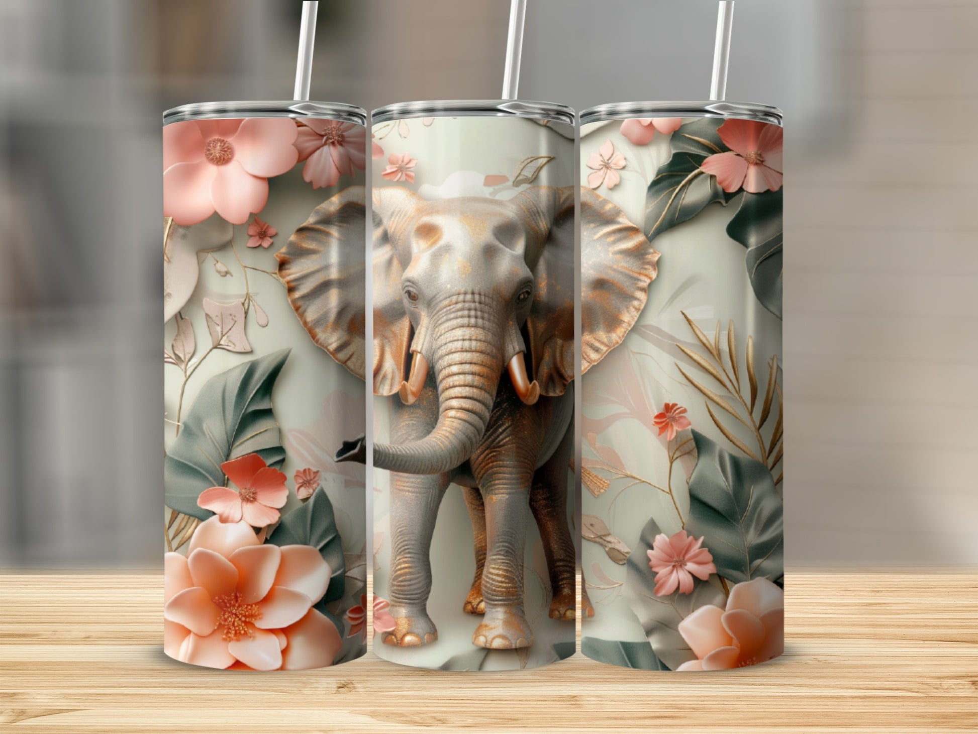 Floral elephant tumbler with pastel pink and green details.