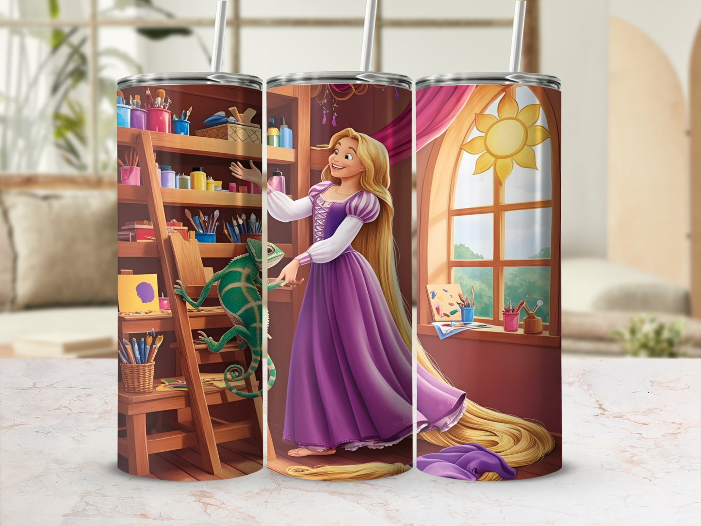 Rapunzel in purple dress with Pascal, art supplies and sun window.