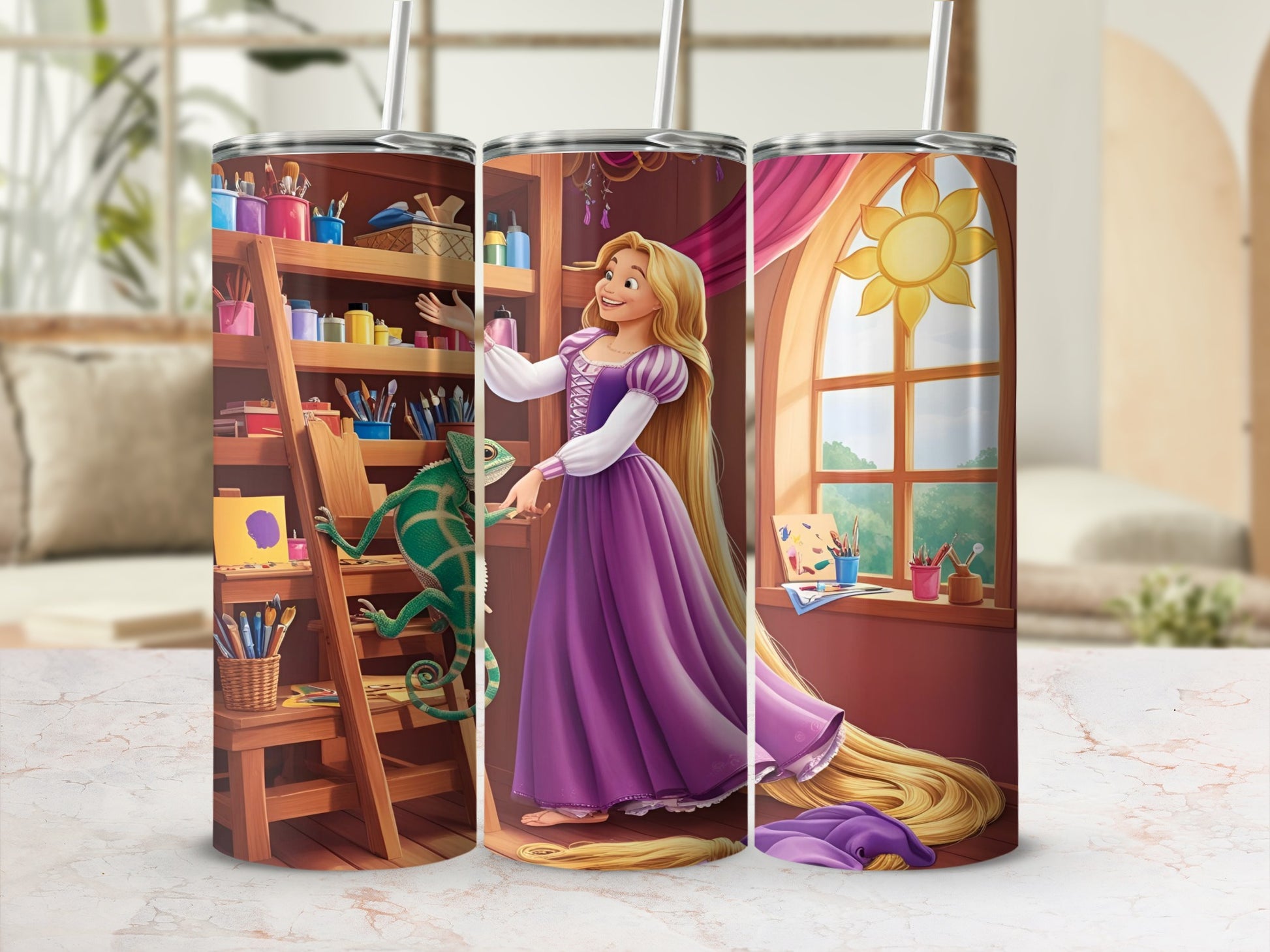Rapunzel in purple dress with Pascal, art supplies and sun window.