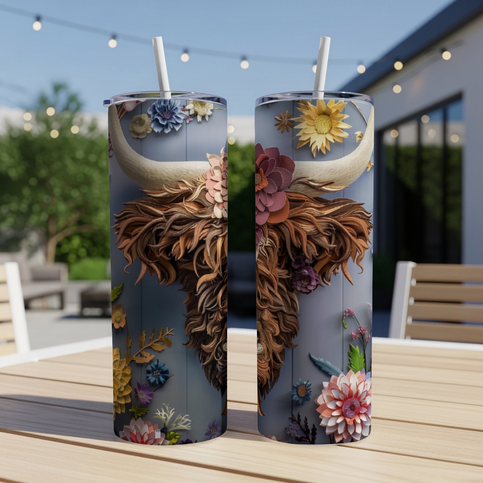 Two tumblers with highland cow floral design sit on a wooden table.
