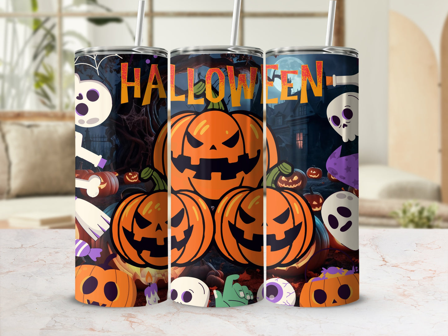 Three tumblers with a Halloween theme, featuring pumpkins, skulls, and text.