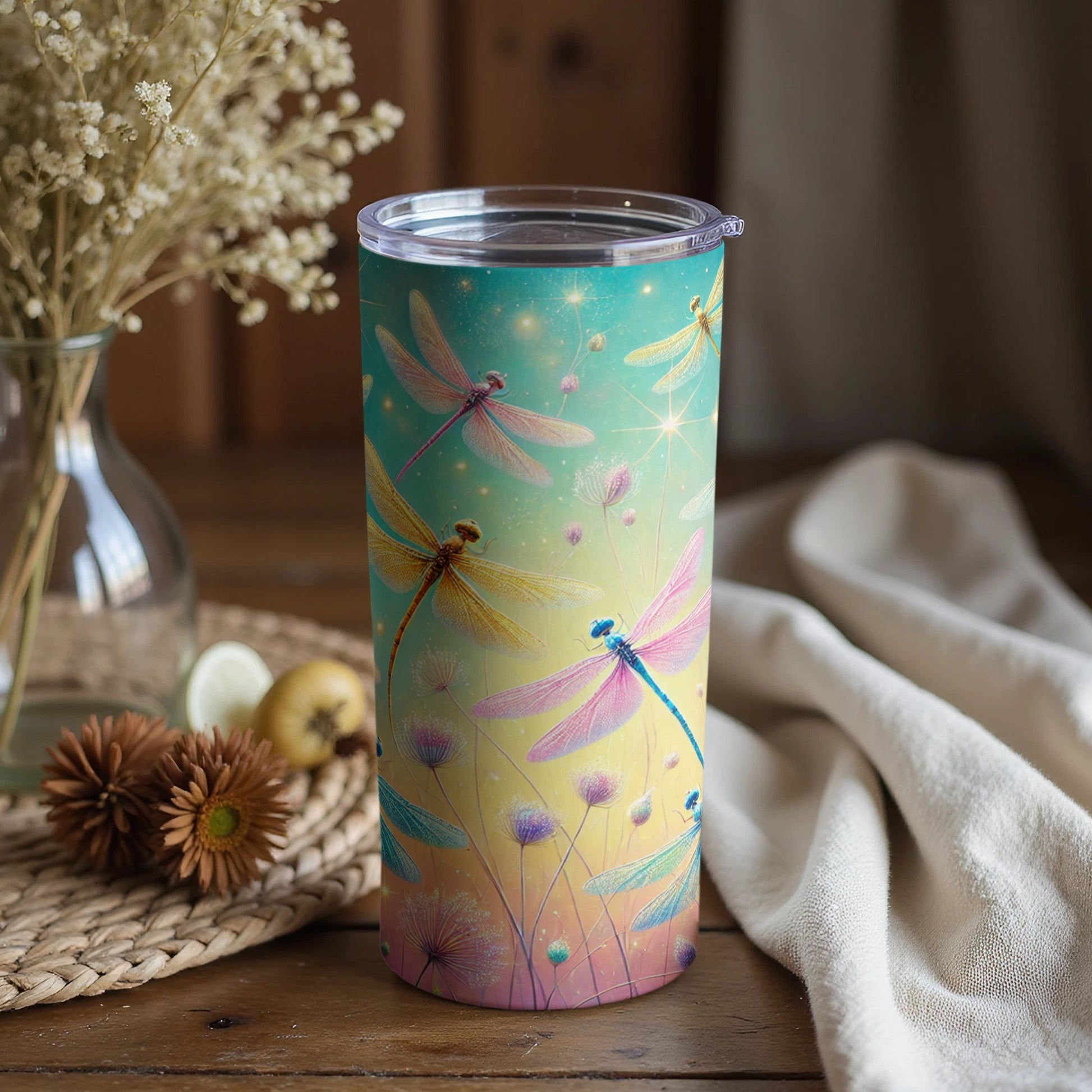 Colorful Dragonfly Design on Gradient Background Tumbler