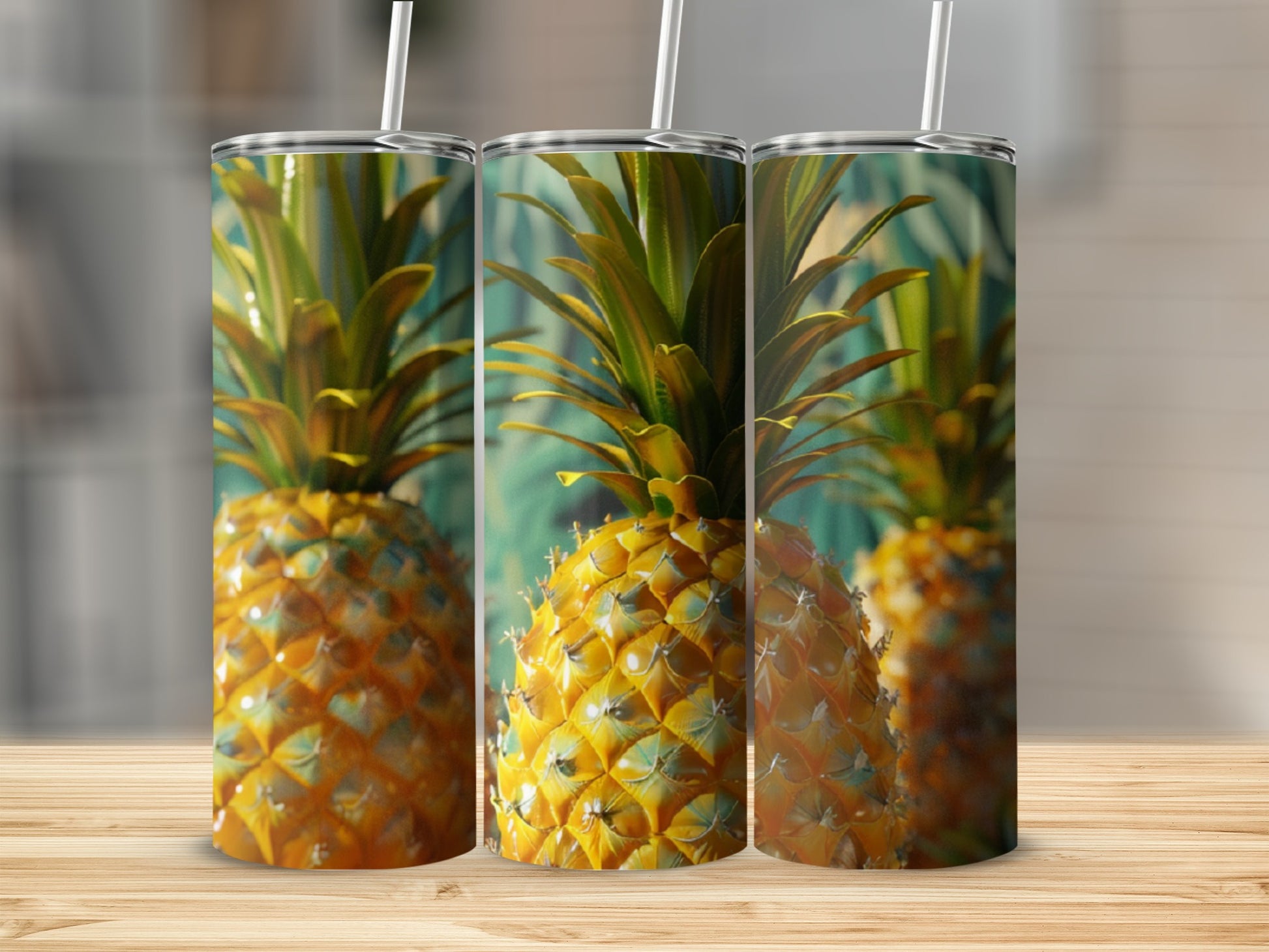 Three tumblers with a pineapple pattern displayed on a wooden surface.