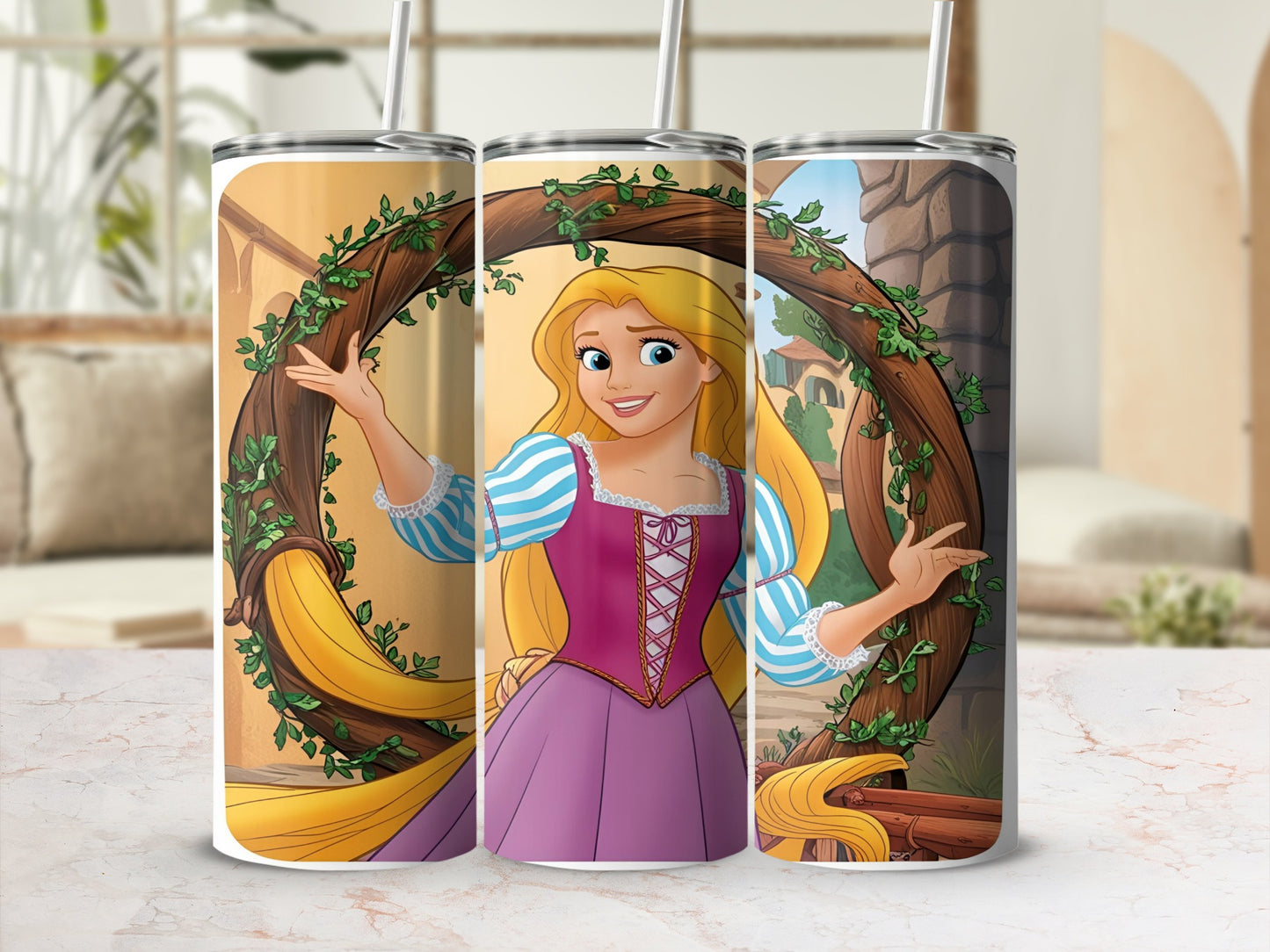 Rapunzel from Tangled in a purple dress, with her long blonde hair wrapped in vines.