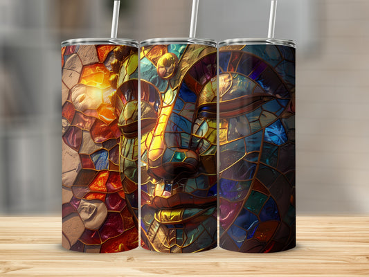 Three tall tumblers with stained glass mosaic faces in warm colors.