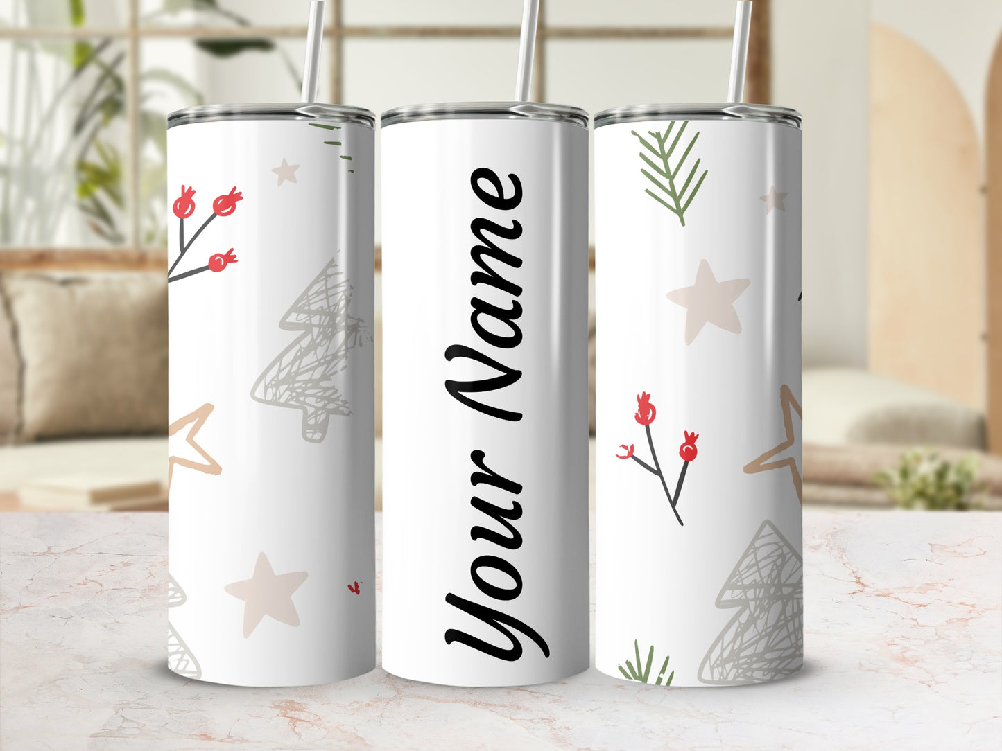 Personalized Christmas Design Tumbler with Straw