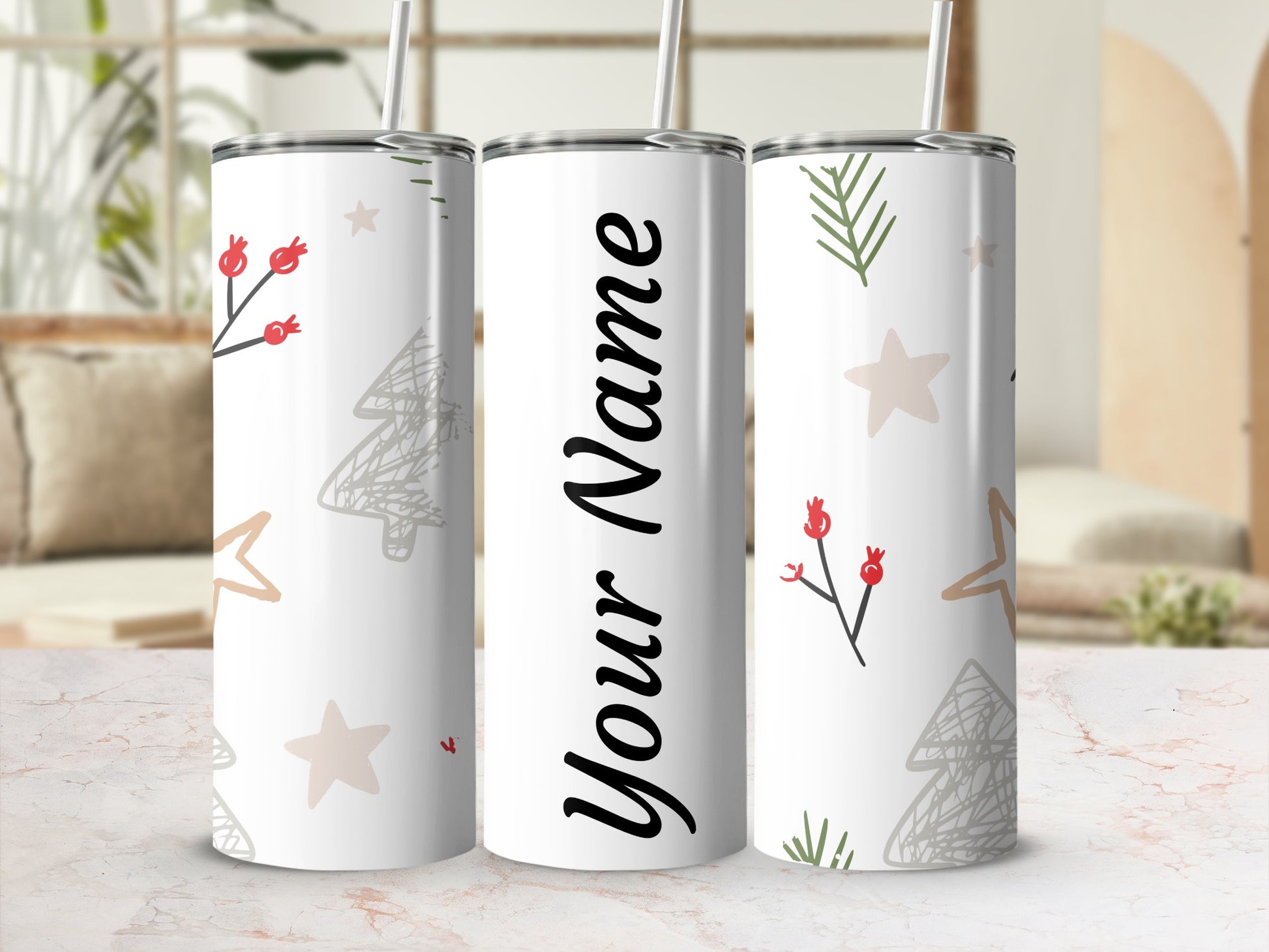 Personalized Christmas Design Tumbler with Straw
