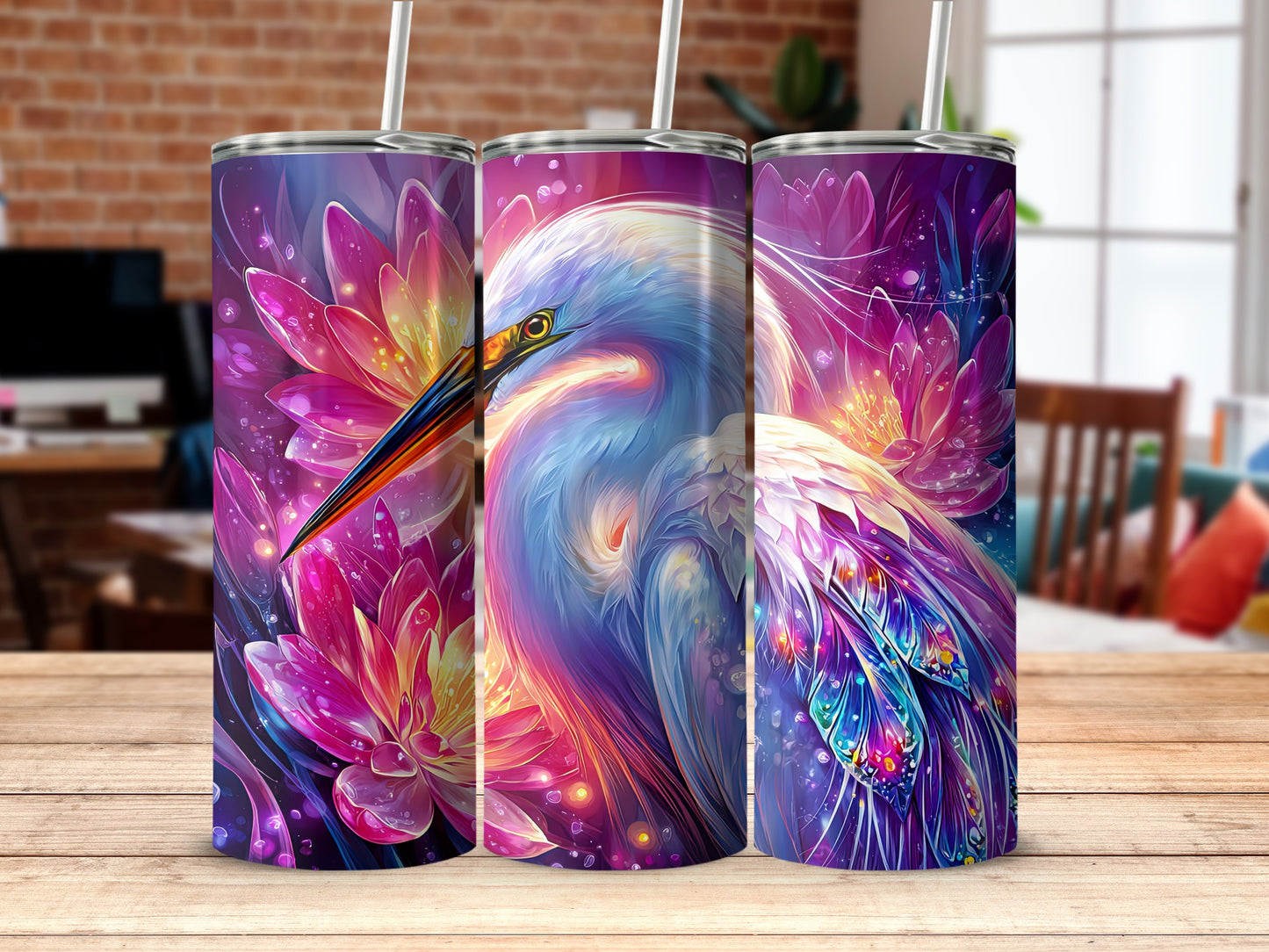 Colorful Egret and Flowers Design Tumbler