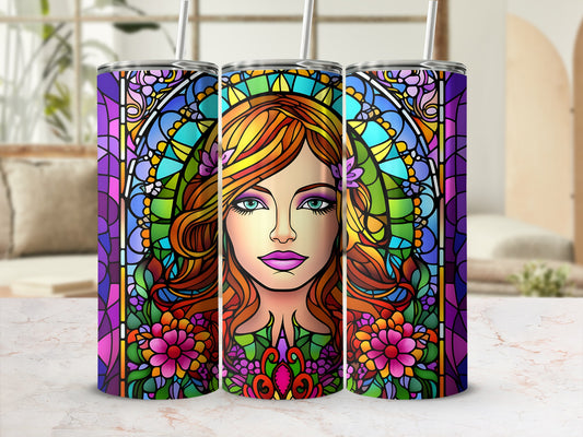 Stained glass tumbler with a colorful portrait of a woman with flowers.