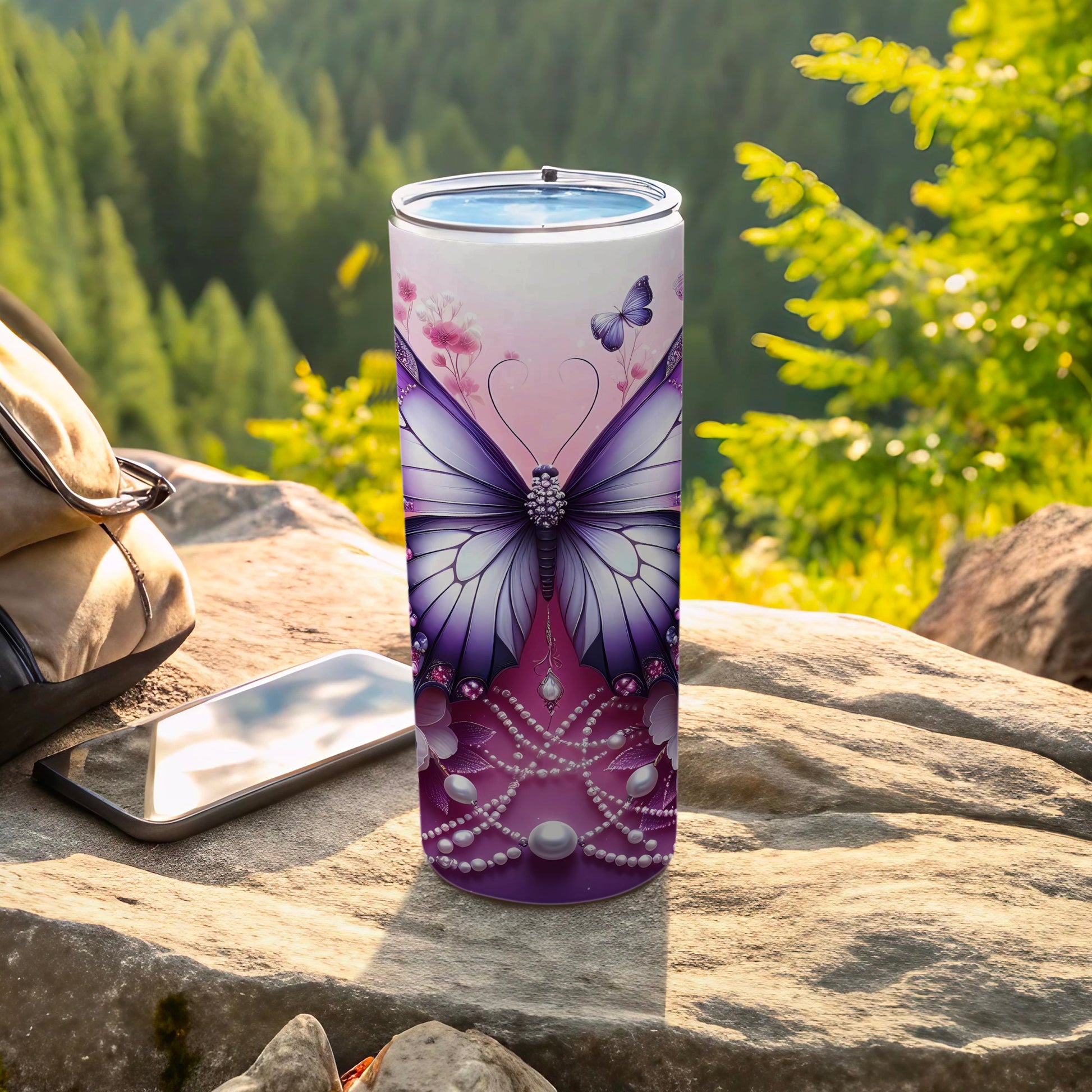 Vibrant Purple Butterfly Floral Pearls Heart Tumbler product type