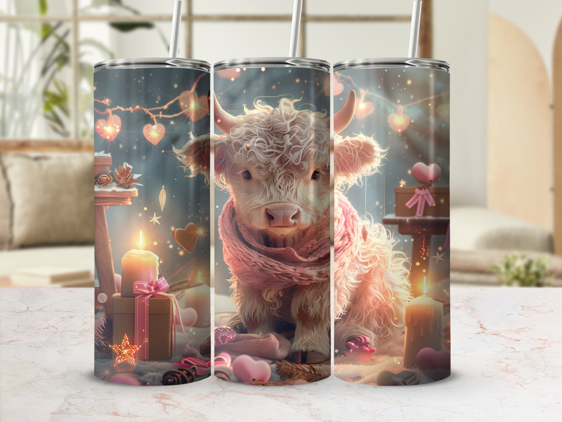Highland cow with pink scarf and festive holiday decorations.