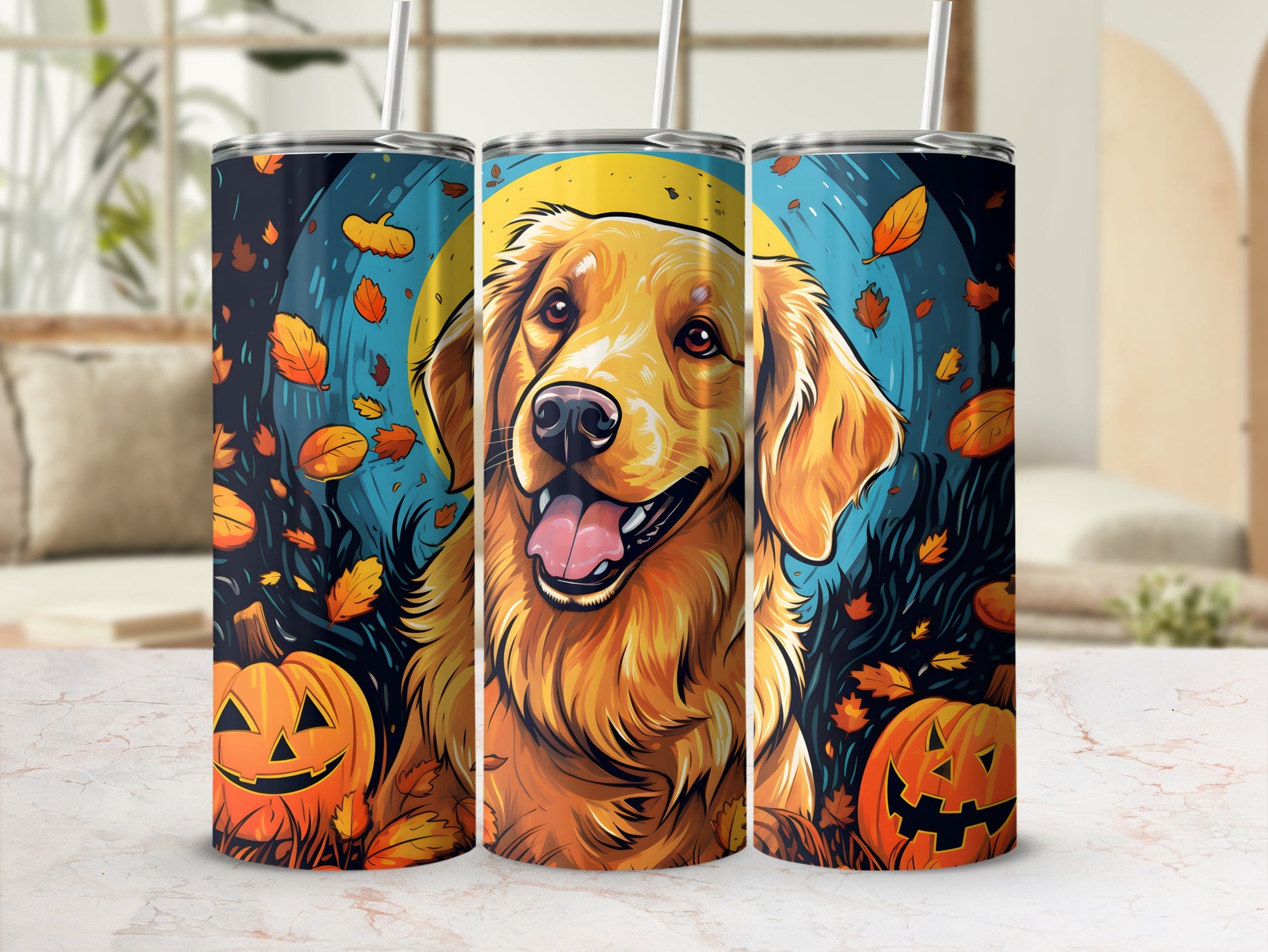 Three tumblers with golden retriever, pumpkins, and falling leaves Halloween design.