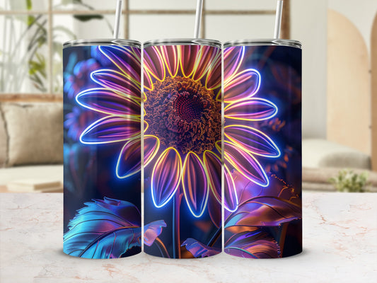 Three neon sunflowers on tumblers against a blurred background.
