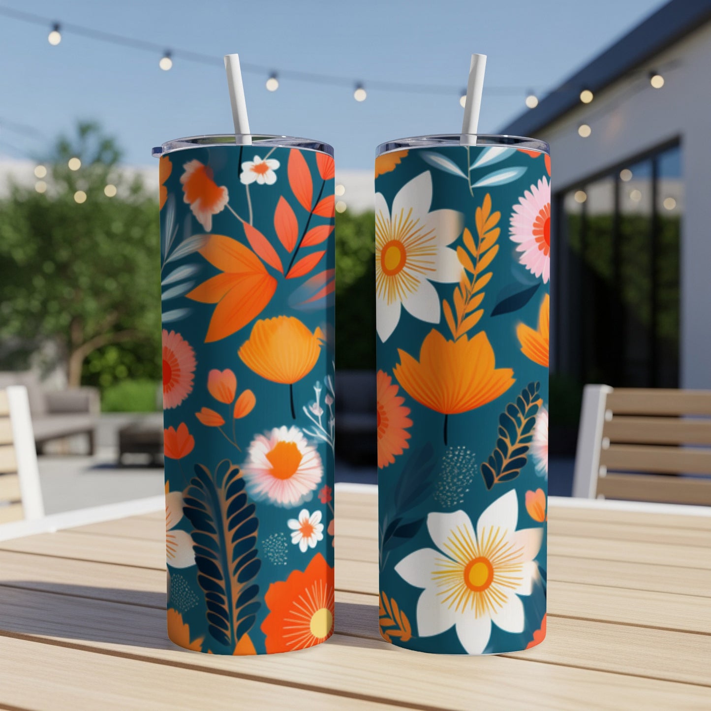 Two tumblers with colorful floral and leaf pattern on a wooden table outdoors.