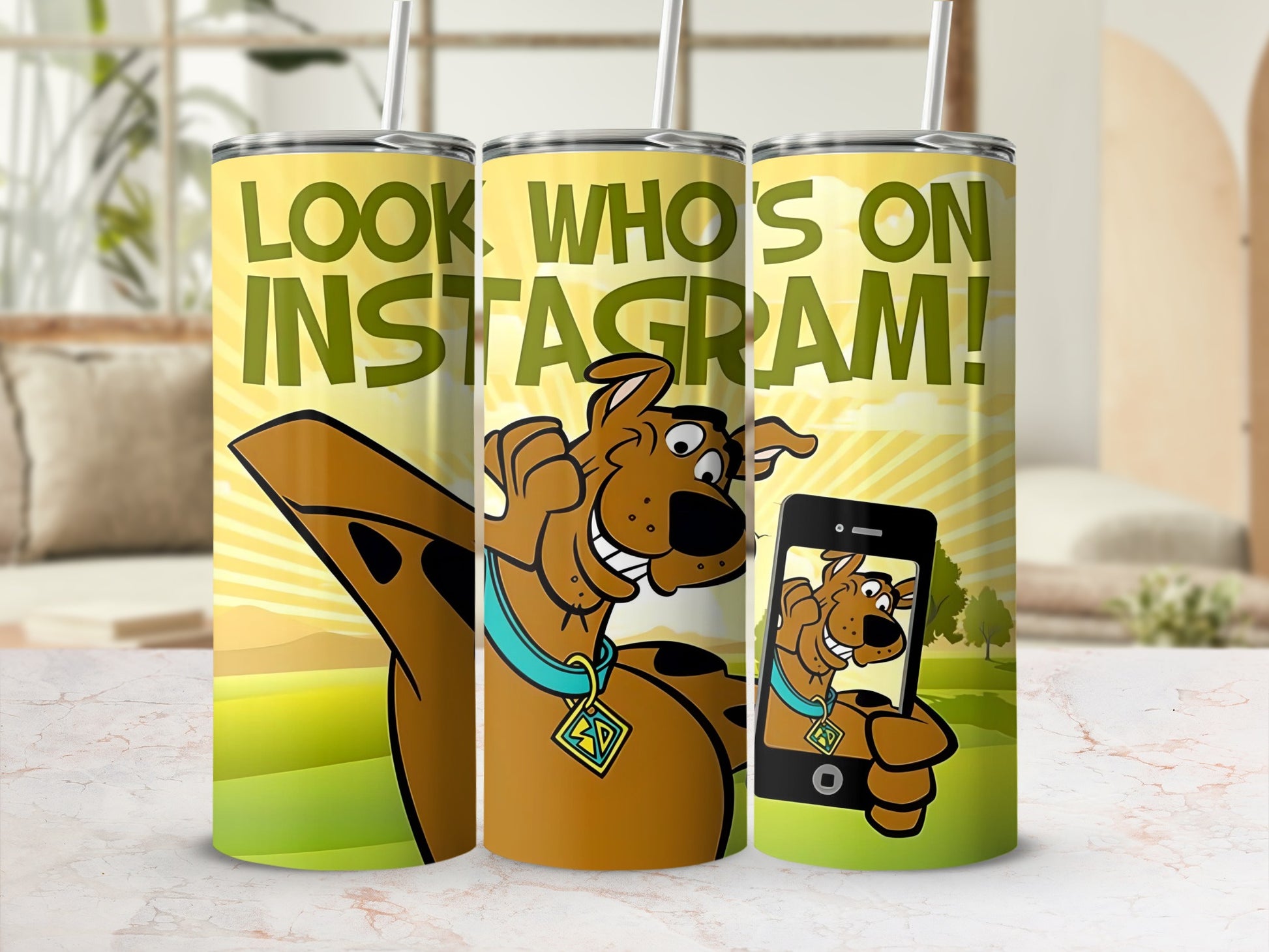 Scooby-Doo on a tumbler holding a smartphone with "Look, Who's on Instagram!" text.