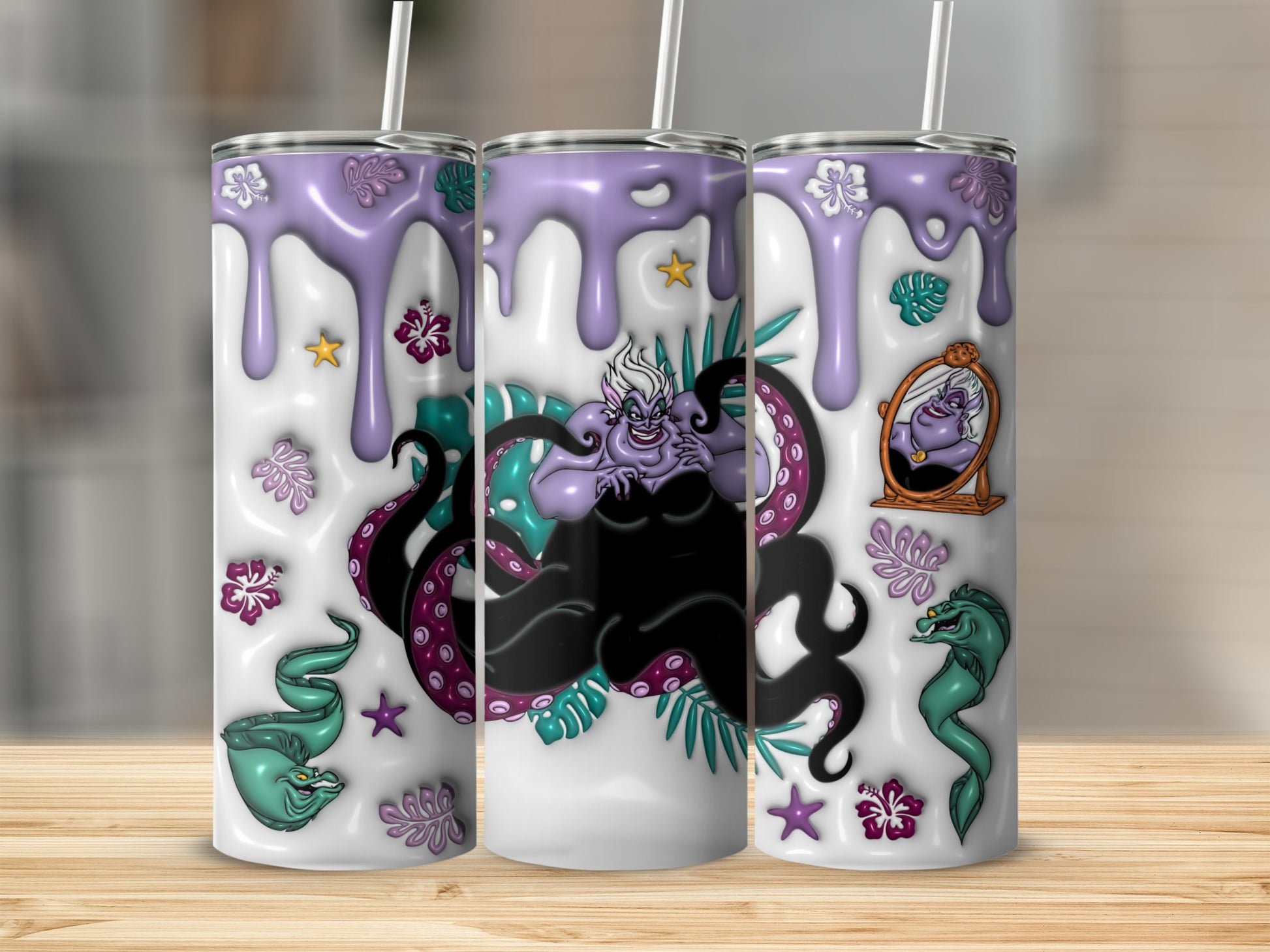 Ursula from The Little Mermaid on a purple and white tumbler with tentacles and flowers.