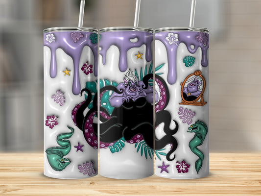 Ursula from The Little Mermaid on a purple and white tumbler with tentacles and flowers.
