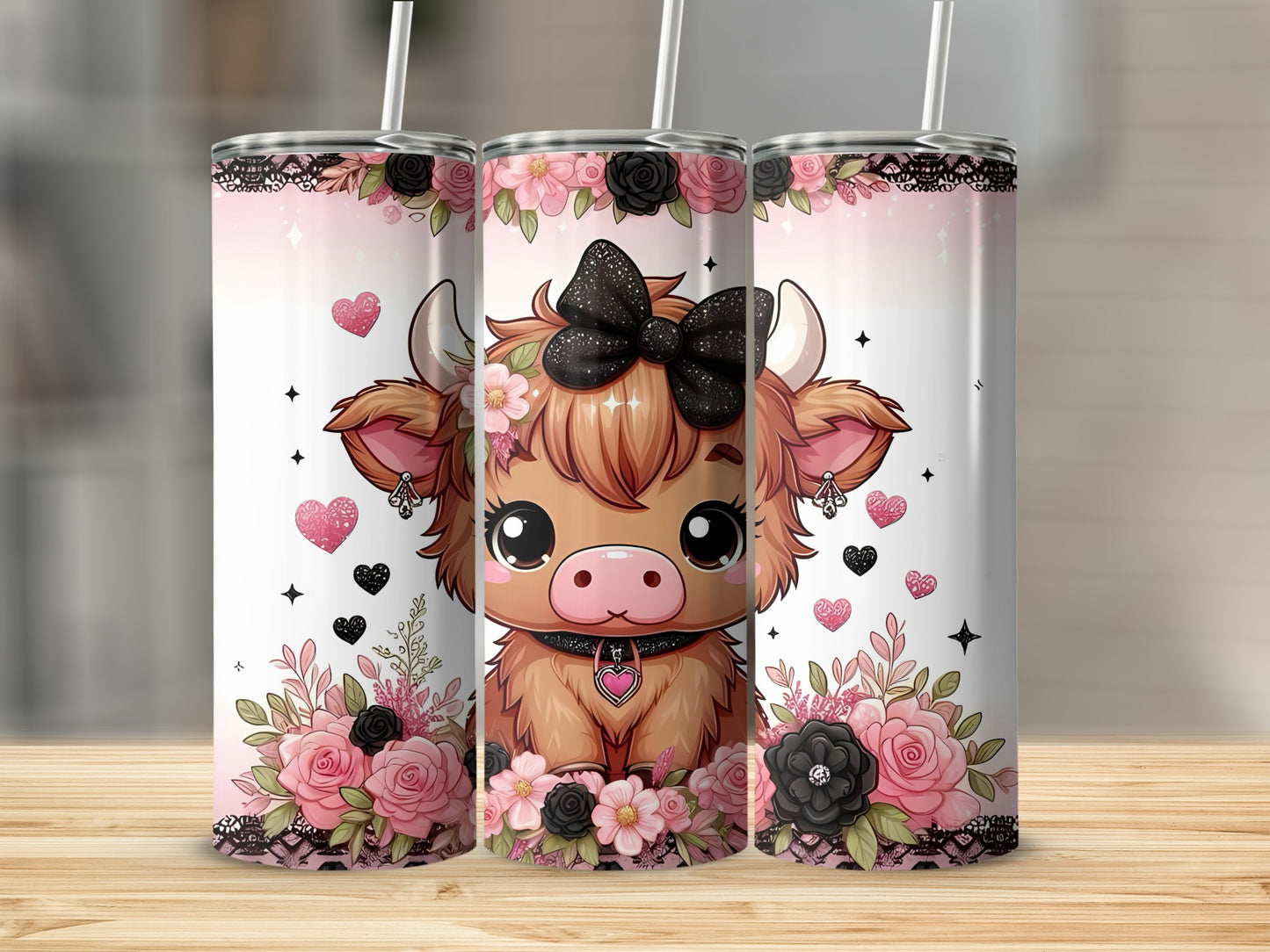 Cute Cow with Bow Floral Design Adorable Tumbler Cup