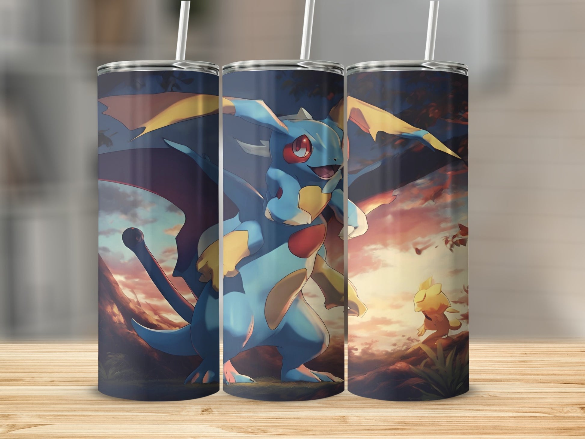 Three tumblers featuring a blue dragon-like creature with yellow accents and wings.