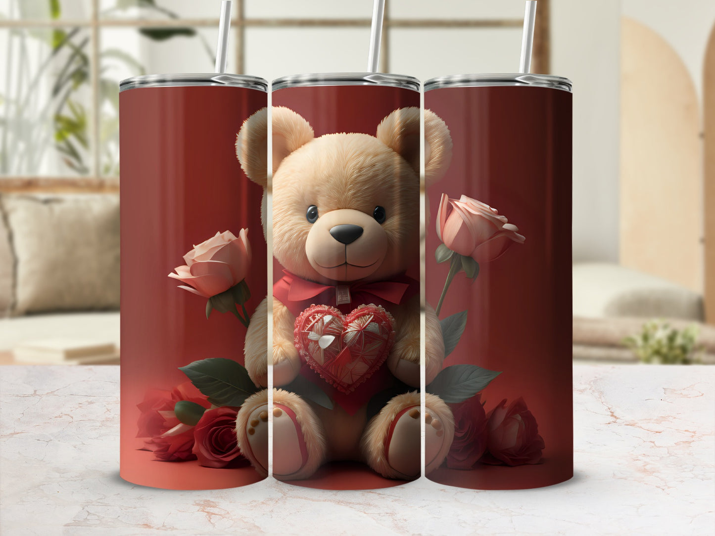 Adorable Teddy Bear with Roses Design Tumbler