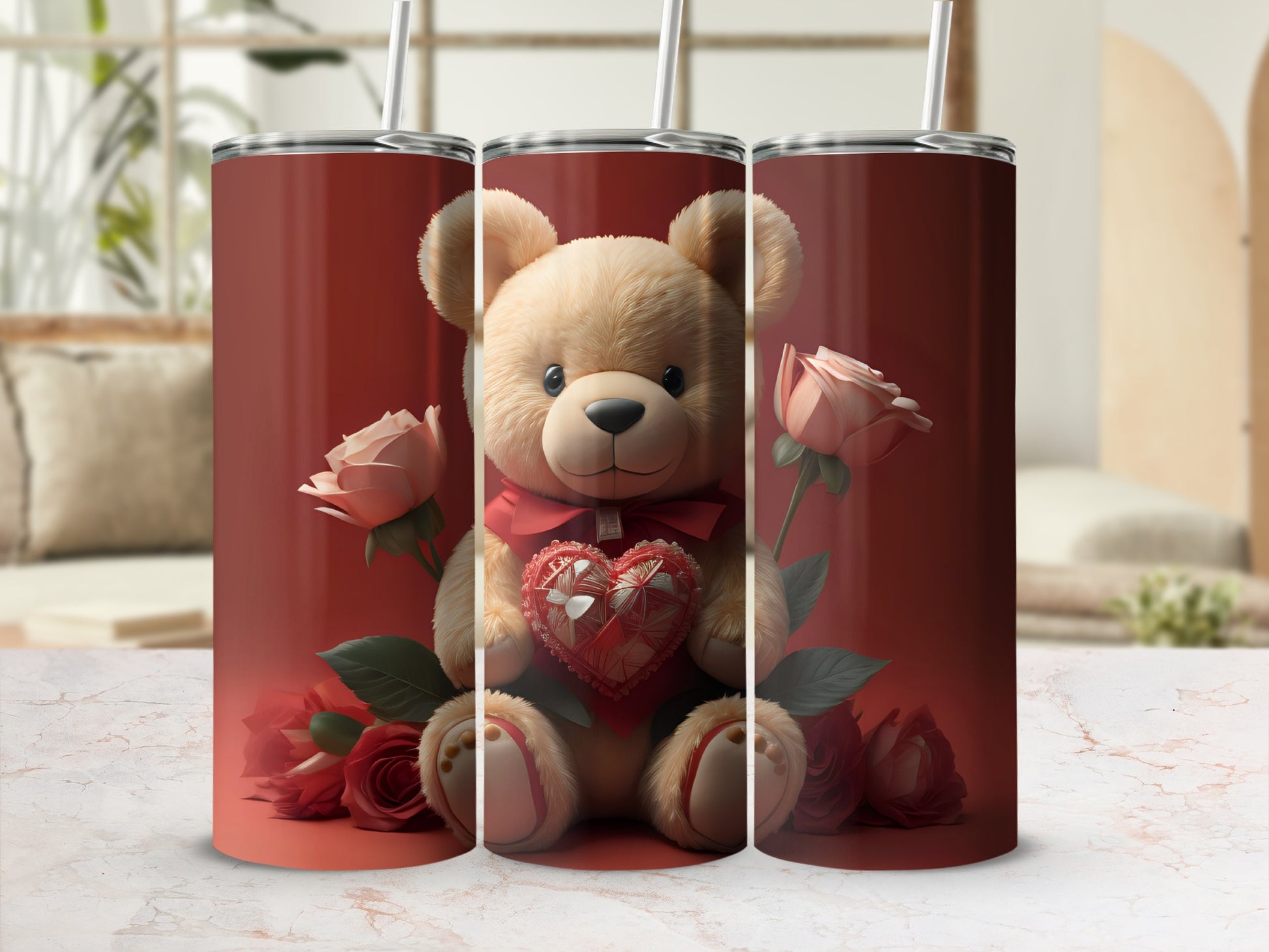Adorable Teddy Bear with Roses Design Tumbler