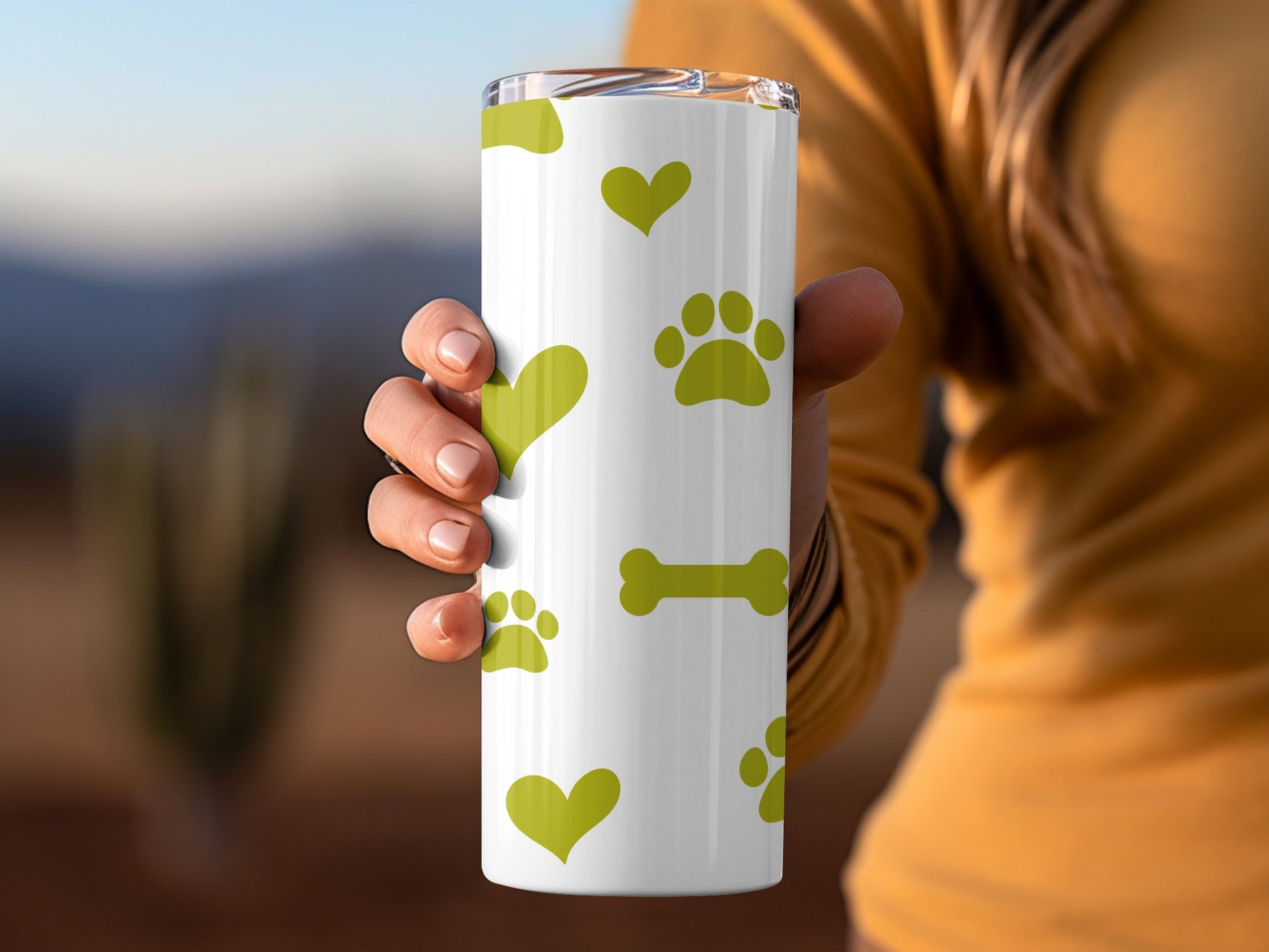 Cute Green Paw Print and Heart Design Travel Tumbler