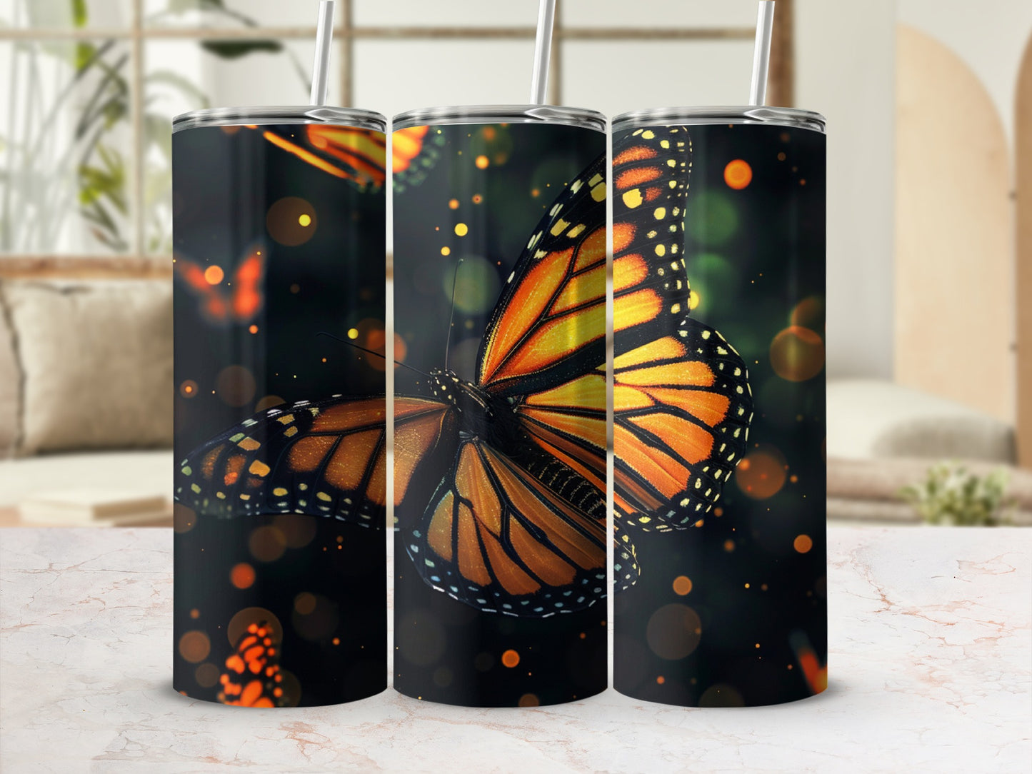 Monarch butterfly with wings spread, against a bokeh background.