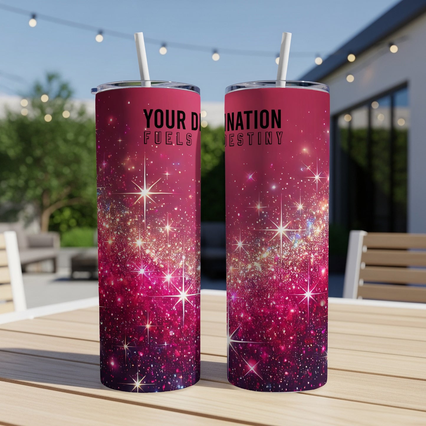 Tumbler with "Your fuel ignites destiny" text on sparkly pink background.