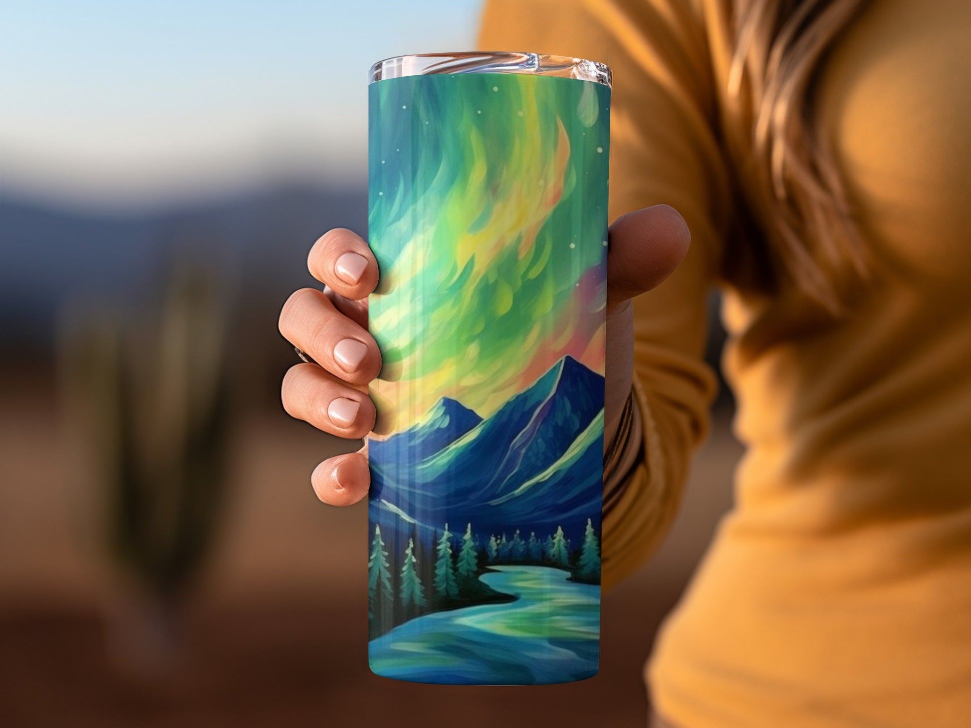 Northern Lights with Mountain Design Tumbler